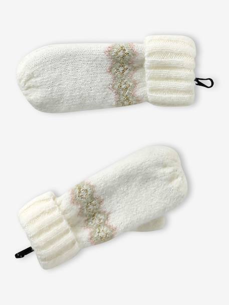 Girl's jacquard set: beanie + snood + mittens/gloves ecru+rose 