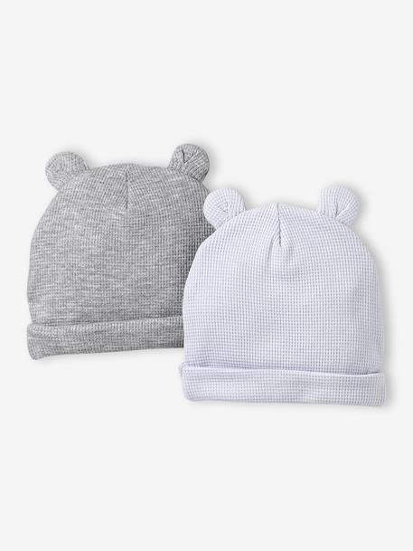 Pack of 2 Beanies with Bear Ears for Newborns ecru+pale blue+rosy 