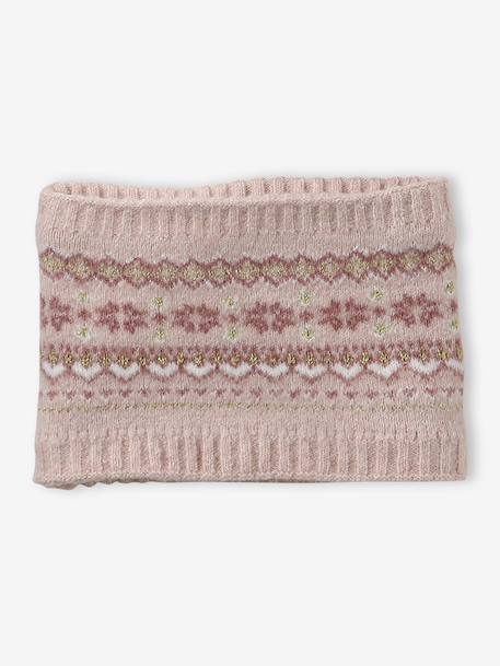 Girl's jacquard set: beanie + snood + mittens/gloves ecru+rose 