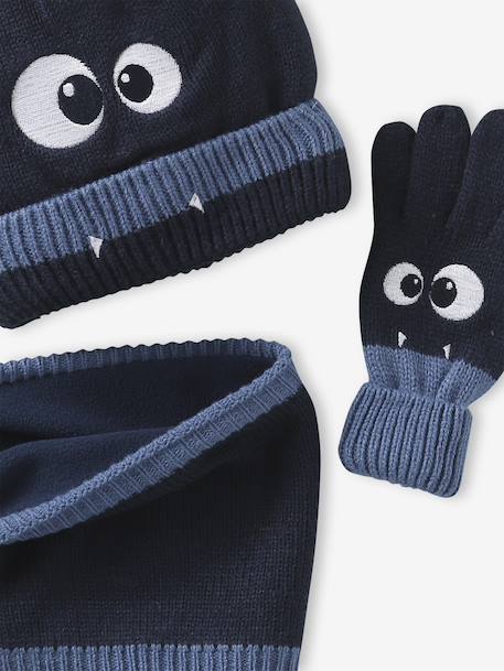 Boys' beanie + snood + mittens/gloves 'Monster' set navy blue 