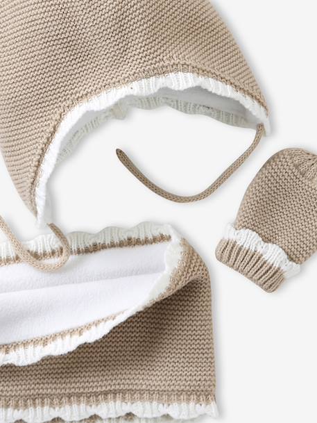 Scalloped Beanie, Snood & Mittens Set for Babies marl beige 