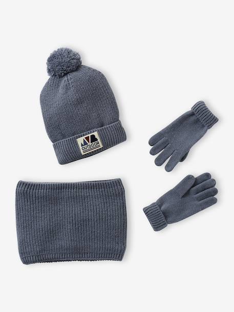 Boys' beanie + snood + mittens/gloves 'Outdoor' set grey blue+khaki 