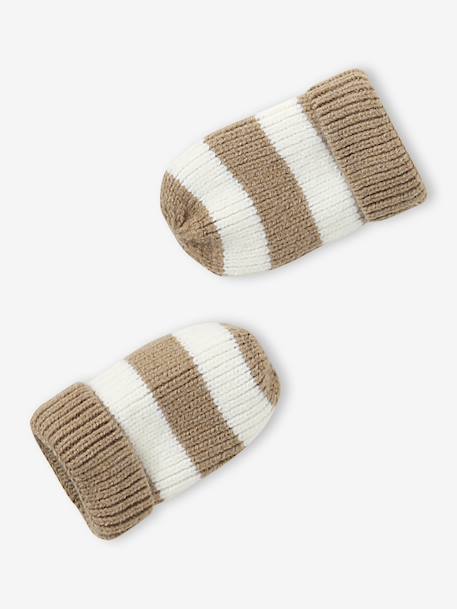 Striped Peruvian beanie, snood and mittens set for babies striped beige 