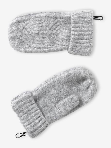 Beanie + Snood + Mittens Set in Shimmering Cable-Knit marl grey+PINK MEDIUM SOLID 