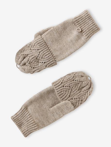 Embroidered set for girls: beanie + snood + open knit mittens/gloves golden beige 