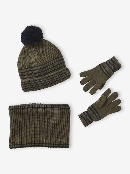 Striped Set for Boys: Beanie + Snood + Mittens/Gloves chambray blue+khaki 