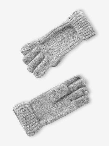 Beanie + Snood + Mittens Set in Shimmering Cable-Knit marl grey+PINK MEDIUM SOLID 