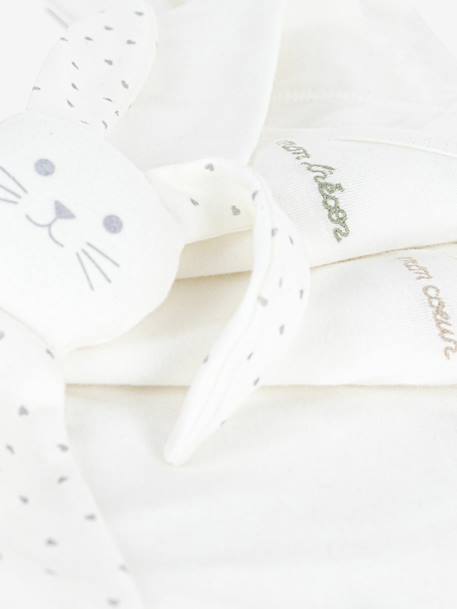 Set of 3 Embroidered Cotton Bodysuits & Rabbit Comforter for Newborns, PETIT BATEAU ecru 