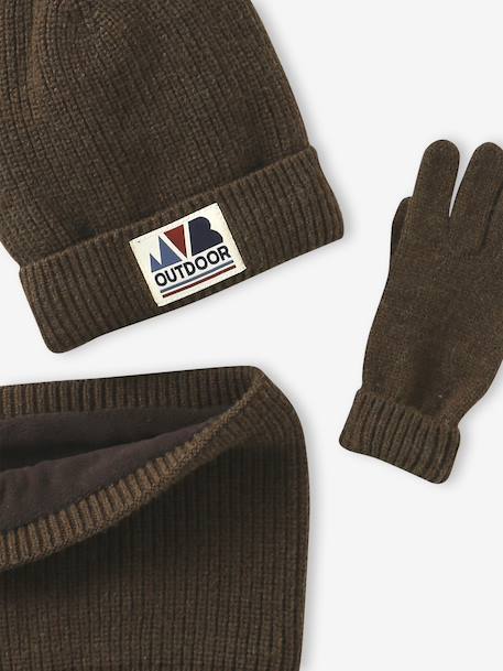 Boys' beanie + snood + mittens/gloves 'Outdoor' set grey blue+khaki 