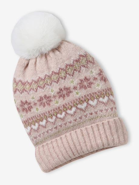Girl's jacquard set: beanie + snood + mittens/gloves ecru+rose 