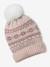 Girl's jacquard set: beanie + snood + mittens/gloves ecru+rose 