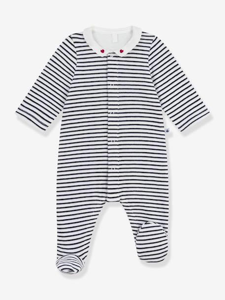 Velour Sleepsuit with Printed Collar, PETIT BATEAU navy blue 