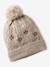 Embroidered set for girls: beanie + snood + open knit mittens/gloves golden beige 