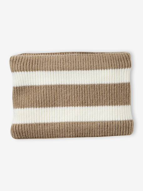 Striped Peruvian beanie, snood and mittens set for babies striped beige 