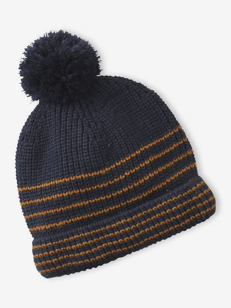 Striped Set for Boys: Beanie + Snood + Mittens/Gloves chambray blue+khaki 
