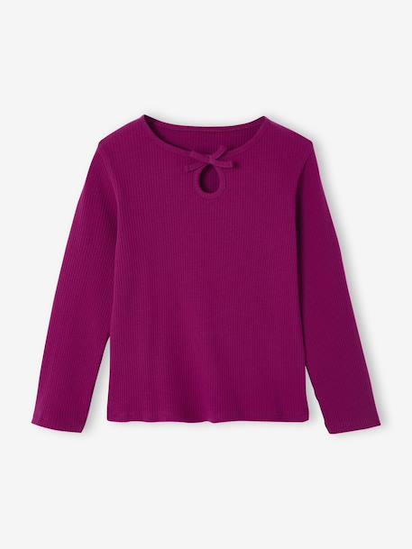 Long-Sleeved Ribbed Knit T-Shirt for Girls navy blue+purple clover 