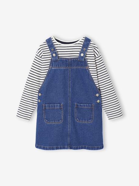 Denim Dungaree Dress & Striped T-Shirt Set for Girls medium blue 