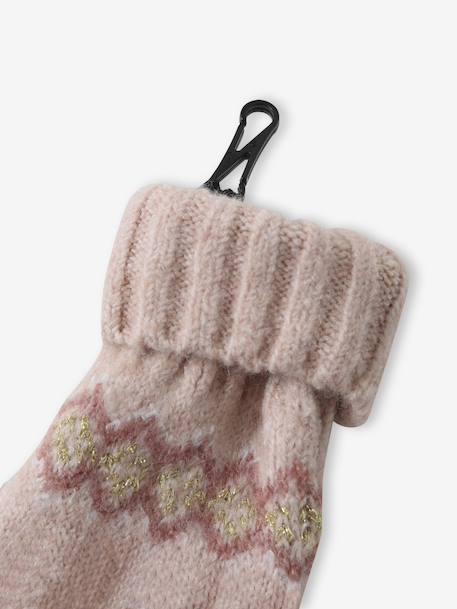 Girl's jacquard set: beanie + snood + mittens/gloves ecru+rose 