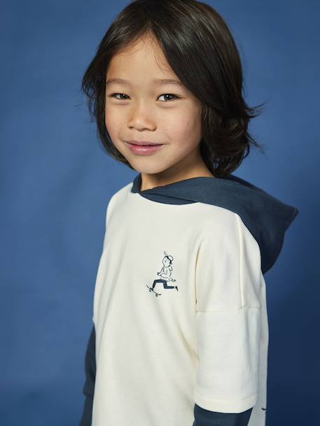 Hooded 2-in-1-Effect Sweatshirt with Print, for Boys ecru 