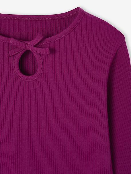Long-Sleeved Ribbed Knit T-Shirt for Girls navy blue+purple clover 