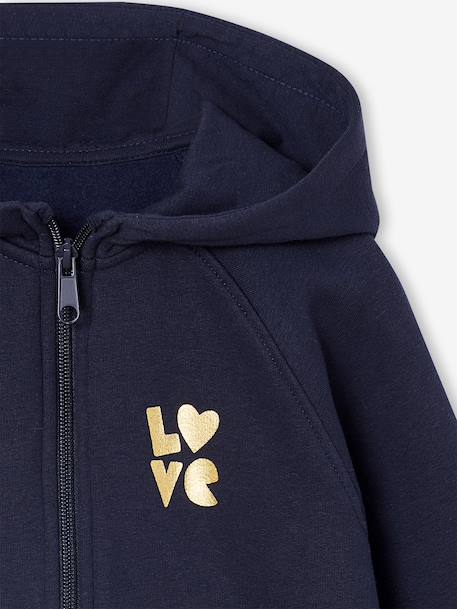 Girls' hooded sports zip-up sweatshirt navy blue+rose+sage green 