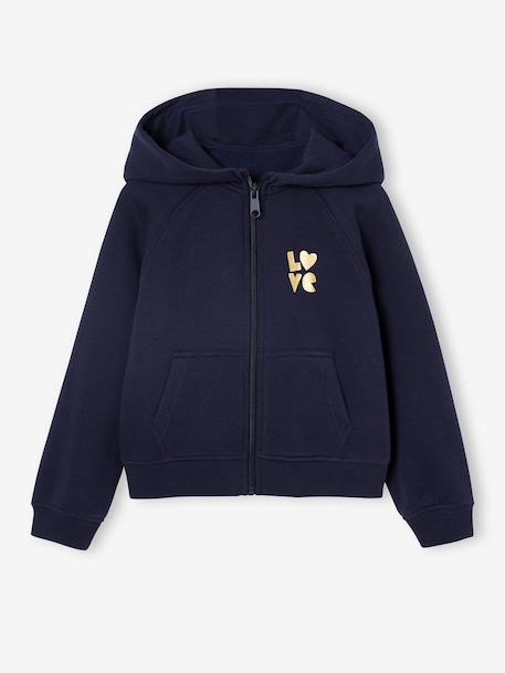 Girls' hooded sports zip-up sweatshirt navy blue+rose+sage green 