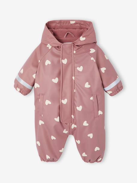 Fleece-lined baby's hooded printed rainsuit old rose+vanilla 