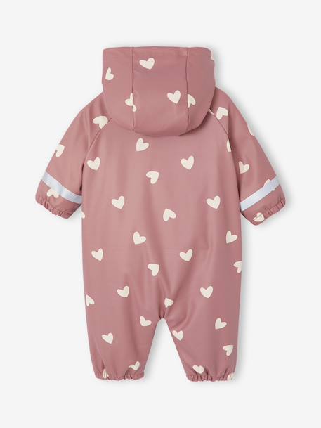 Fleece-lined baby's hooded printed rainsuit old rose+vanilla 