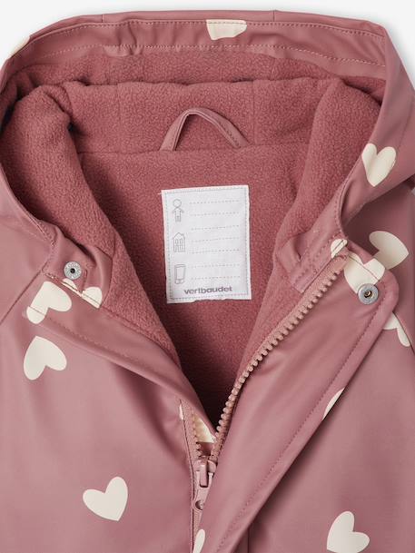 Fleece-lined baby's hooded printed rainsuit old rose+vanilla 