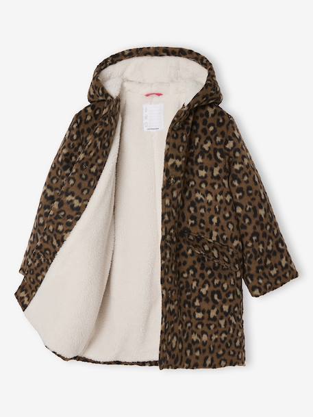 Leopard Print Wool Blend Hooded Coat for Girls brown 