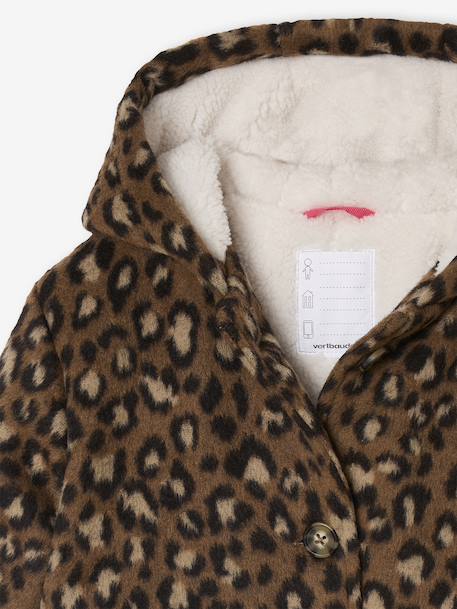 Leopard Print Wool Blend Hooded Coat for Girls brown 
