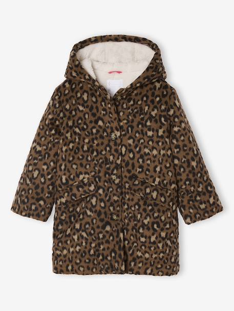 Leopard Print Wool Blend Hooded Coat for Girls brown 