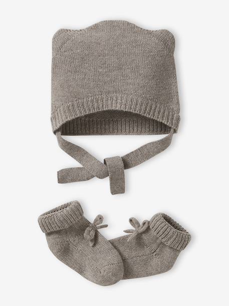 Beanie & Booties Set in Wool & Cashmere for Newborns marl beige 
