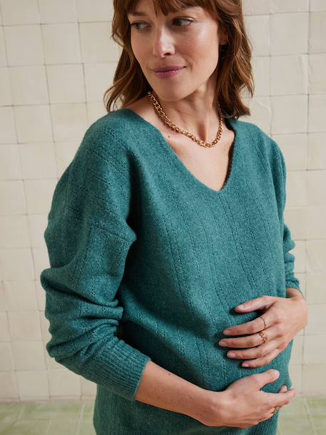 Fancy Fuzzy Knit V-Neck Jumper for Maternity English green+pomegranate 