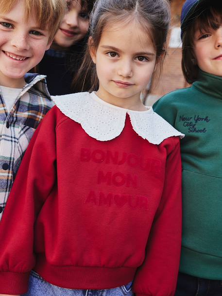 Girl's sweatshirt with English embroidery collar and flocked velvet message ecru+marl grey+mauve+pale pink+red 