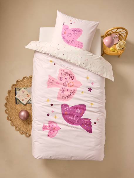 Reversible BIRDY duvet cover set + pillowcase for children, made with recycled cotton rosy 