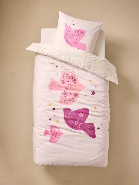 Reversible BIRDY duvet cover set + pillowcase for children, made with recycled cotton rosy 