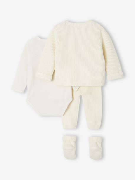 Set of 4 Plain Knit Items for Newborns: Cardigan + Trousers + Booties + Bodysuit ecru 