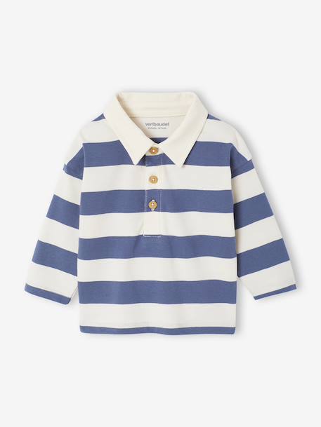 Striped long-sleeved baby polo shirt cocoa+grey blue 