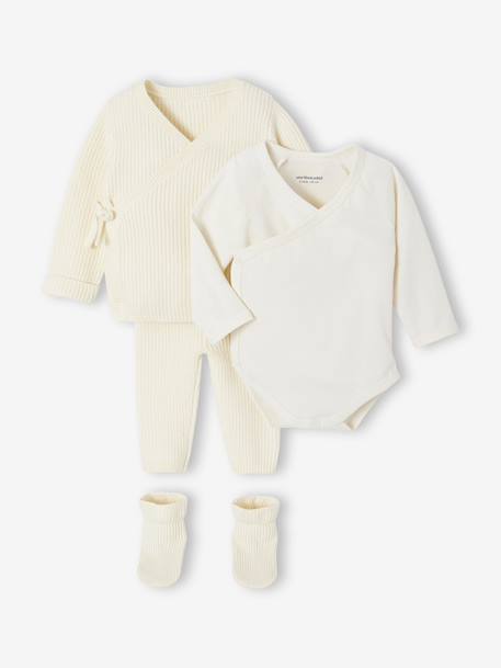 Set of 4 Plain Knit Items for Newborns: Cardigan + Trousers + Booties + Bodysuit ecru 