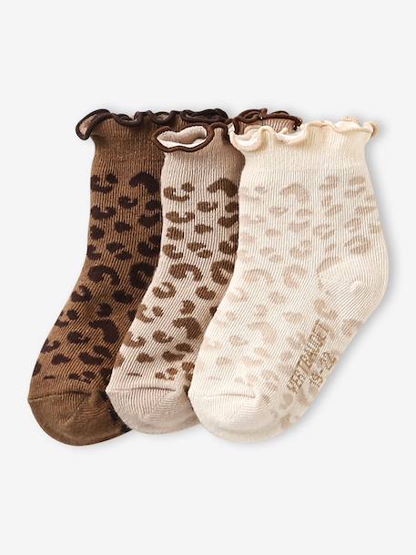 Pack of 3 pairs of leopard print baby girls' socks cinnamon 