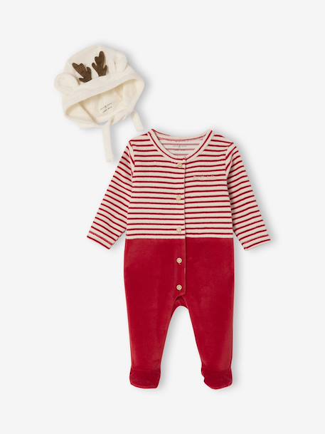 Velour Christmas Sleepsuit & Beanie Set, ENVIE DE FRAISE red 