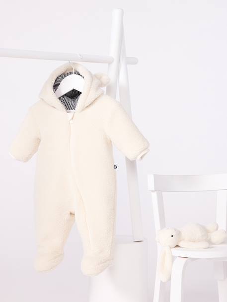 Sherpa pramwsuit for babies with ears and lined in PETIT BATEAU milleraies stripes ecru 