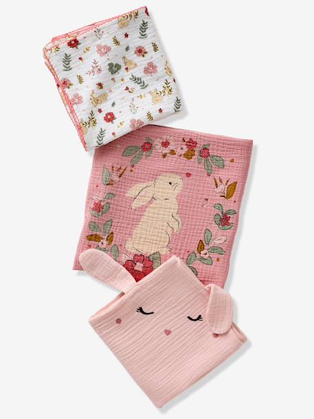 Pack of 3 muslin squares in cotton gauze ENCHANTED RABBIT set pink 
