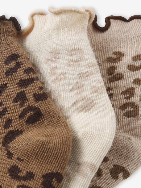 Pack of 3 pairs of leopard print baby girls' socks cinnamon 