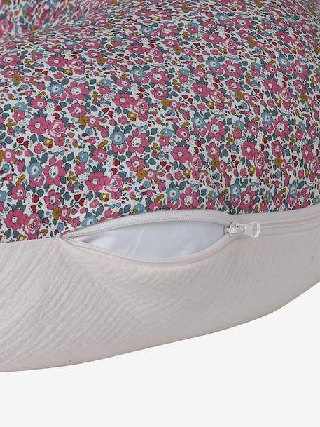 Nursing pillow and cover in cotton muslin and Liberty ENVIE DE FRAISE pale pink 