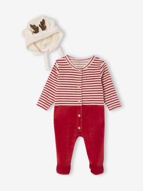Velour Christmas Sleepsuit & Beanie Set, ENVIE DE FRAISE red 