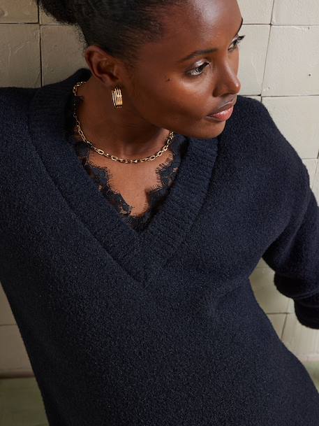 V-neck nursing clothes jumper in moss stitch and lace black 