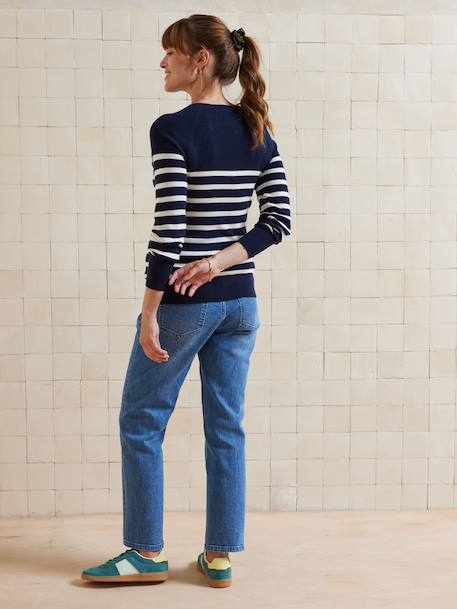 Striped nursing clothes jumper with raglan openings navy blue 