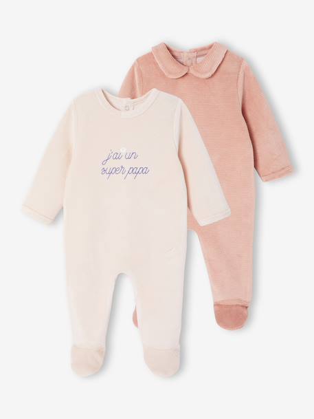 Pack of 2 Velour Sleepsuits for Newborns pale pink 
